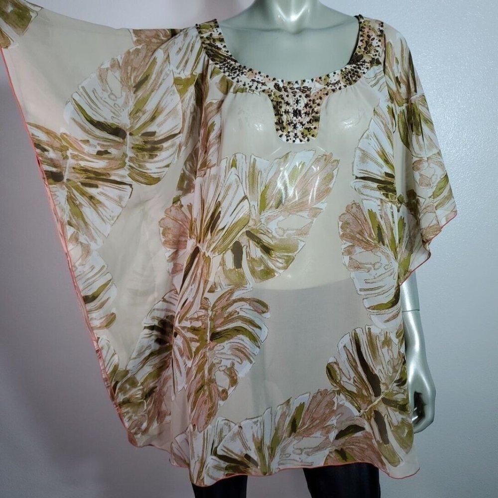 Lane Bryant Poncho Top Plus Size 22/24 Beaded Sheer Kimono Sleeve Pullover Multi - Picture 2 of 7